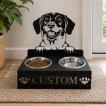 Personalized danish dachsbracke metal dog bowl stand with custom name cutout and two removable feeding bowls