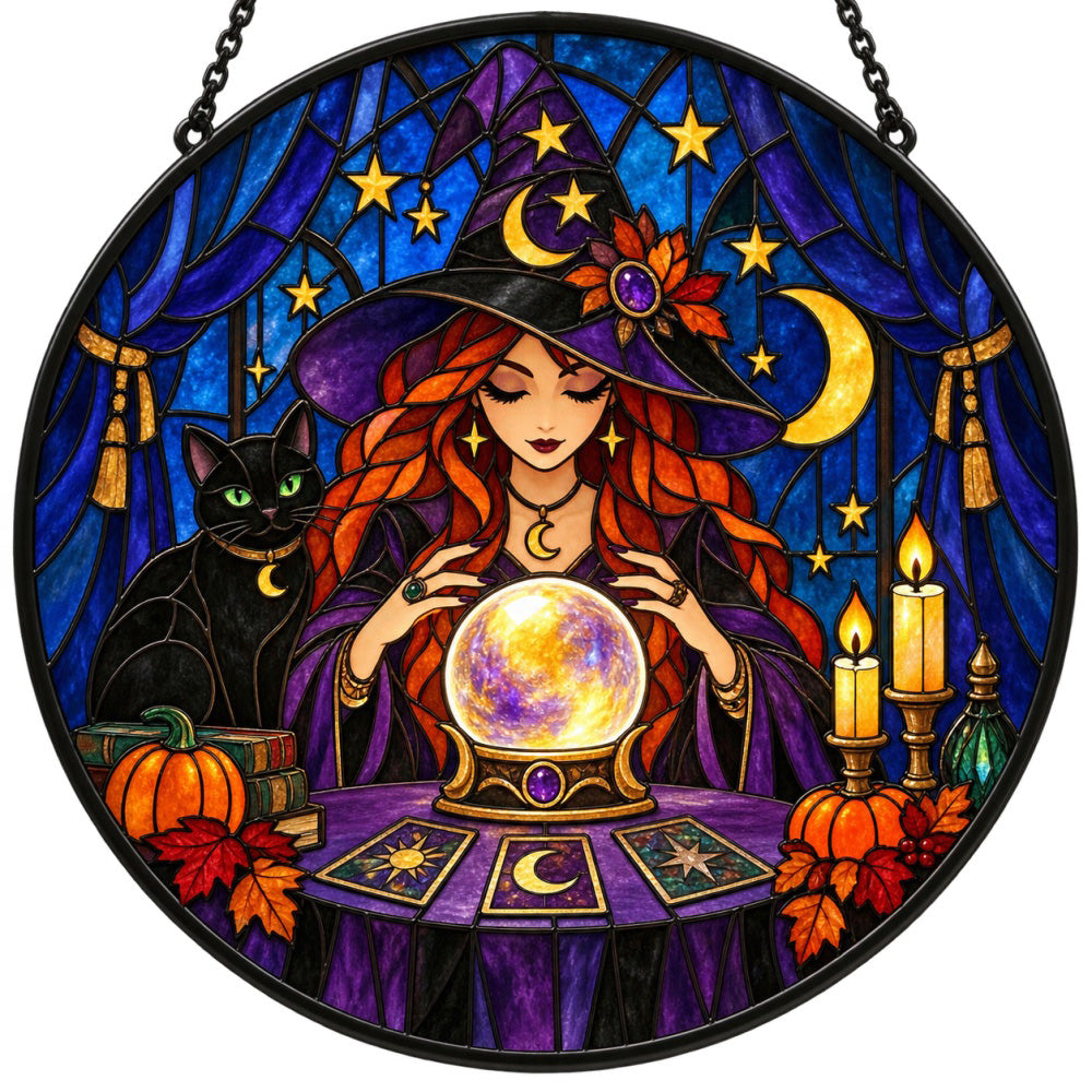 Divination Witch Halloween stained glass suncatcher window hanging, suitable for home and garden decoration