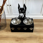 Personalized doberman metal dog bowl stand with custom name cutout and two removable feeding bowls