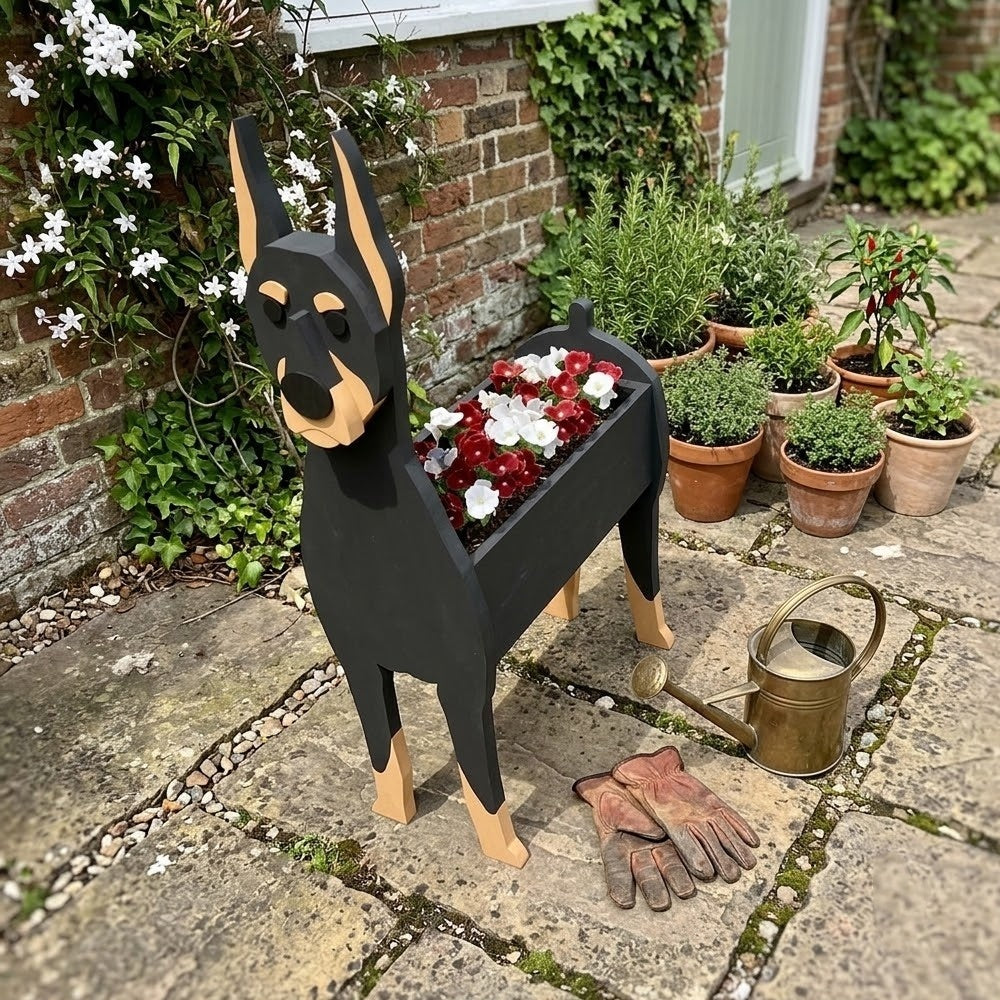 Doberman dog planter filled with fresh flowers is placed in the garden