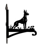 Doberman pinscher metal hanging basket bracket mounted on outdoor wall for plant decoration