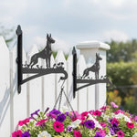 Doberman pinscher metal hanging basket bracket mounted on outdoor wall for plant decoration