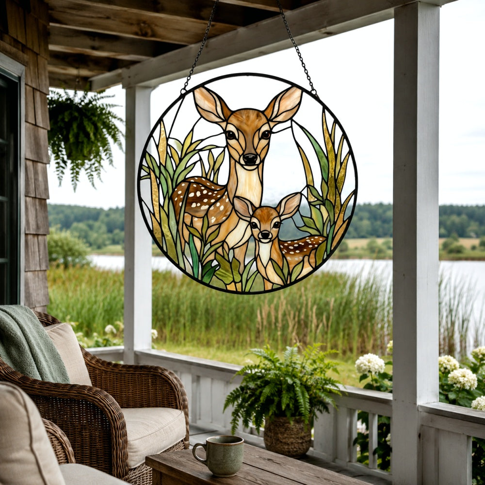 Doe and fawn stained glass suncatcher window hanging, suitable for home and garden decoration