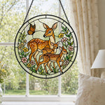 Doe and twin fawns stained glass suncatcher window hanging, suitable for home and garden decoration