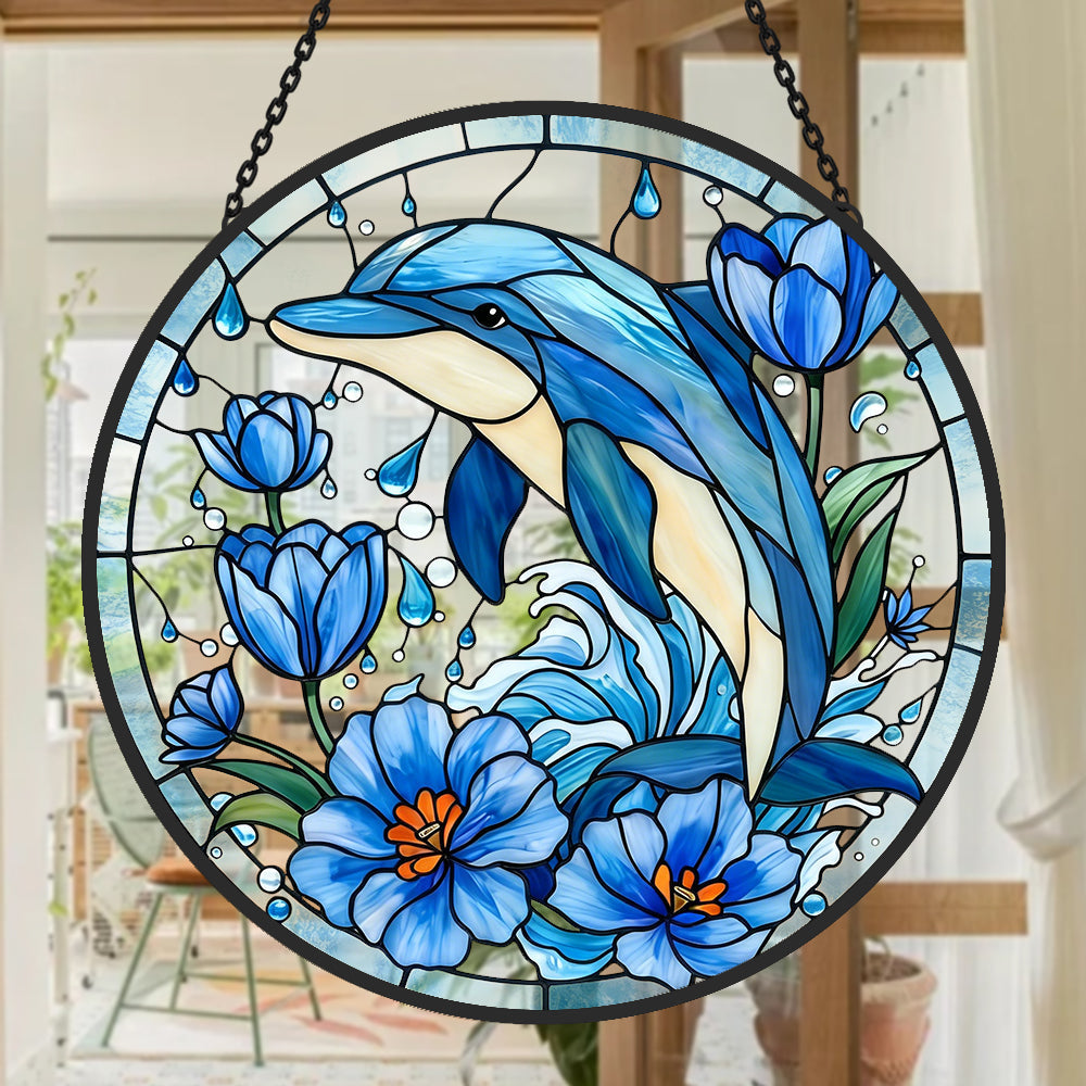 Ocean Wave Blue Tulip Dolphin stained glass suncatcher window hanging, suitable for home and garden decoration