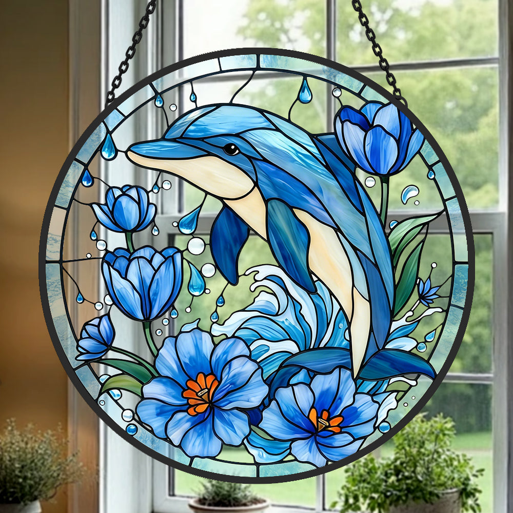 Ocean Wave Blue Tulip Dolphin stained glass suncatcher window hanging, suitable for home and garden decoration