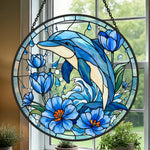 Ocean Wave Blue Tulip Dolphin stained glass suncatcher window hanging, suitable for home and garden decoration