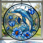 Ocean Wave Blue Tulip Dolphin stained glass suncatcher window hanging, suitable for home and garden decoration
