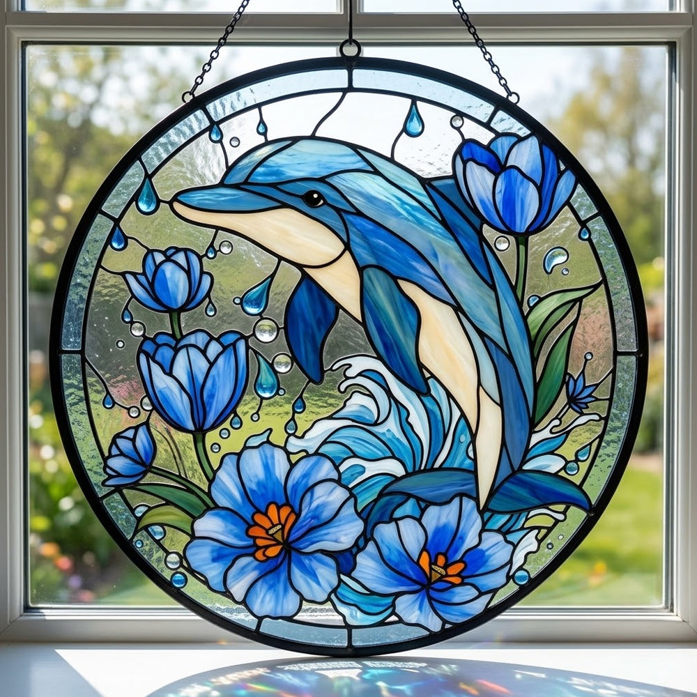 Ocean Wave Blue Tulip Dolphin stained glass suncatcher window hanging, suitable for home and garden decoration