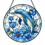 Ocean Wave Blue Tulip Dolphin stained glass suncatcher window hanging, suitable for home and garden decoration