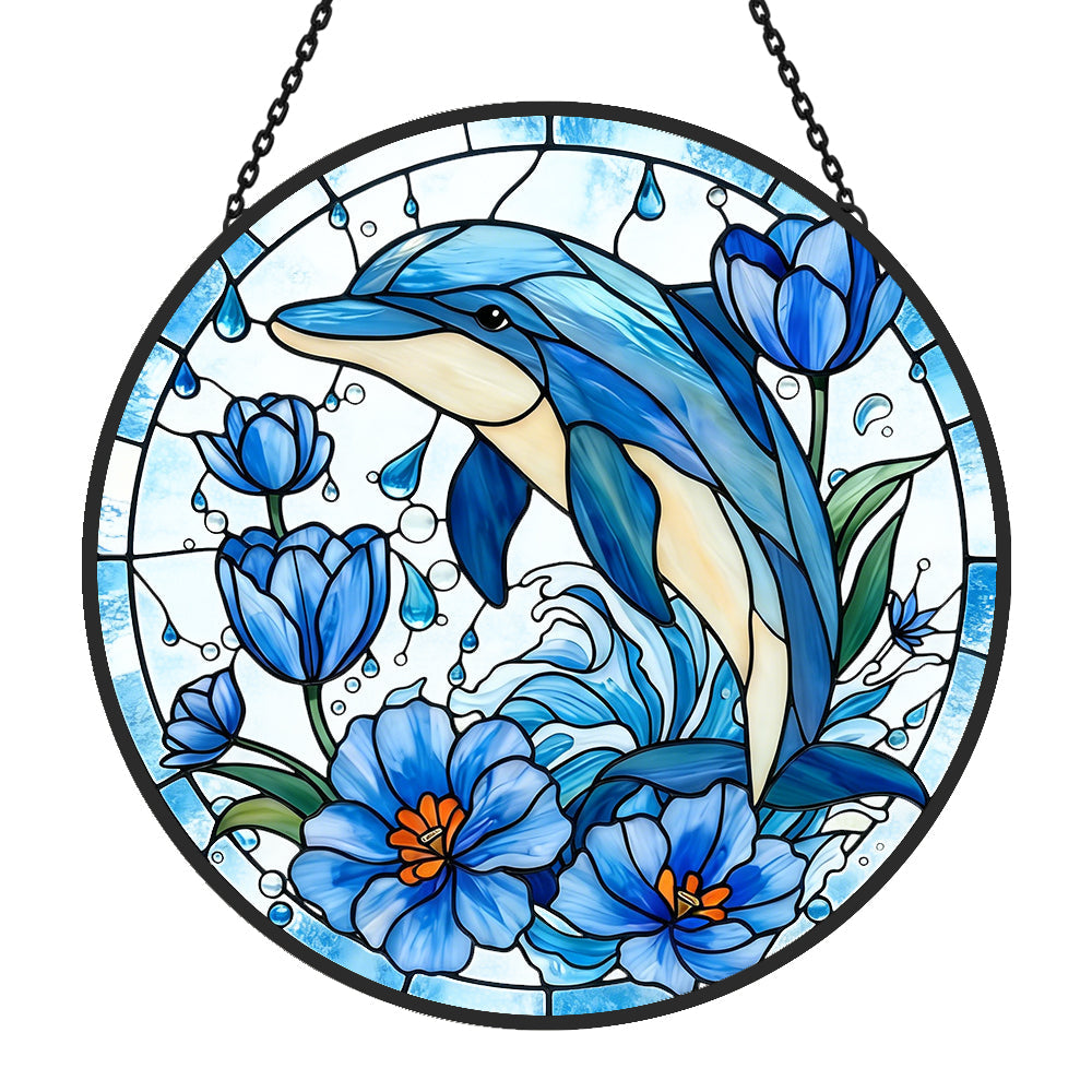 Ocean Wave Blue Tulip Dolphin stained glass suncatcher window hanging, suitable for home and garden decoration