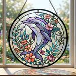 Dolphin with flowers stained glass suncatcher window hanging, suitable for home and garden decoration