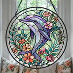 Dolphin with flowers stained glass suncatcher window hanging, suitable for home and garden decoration