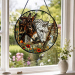 Donkeys and goose garden stained glass suncatcher window hanging, suitable for home and garden decoration