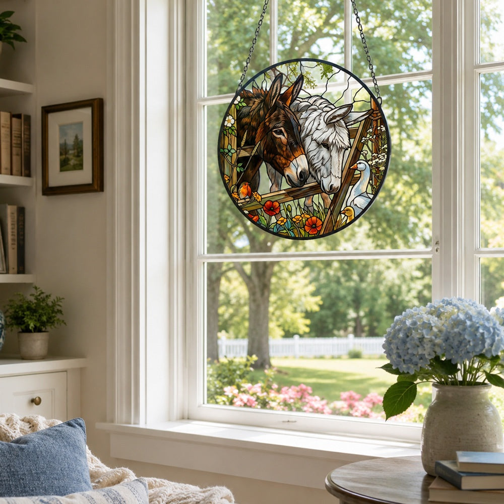 Donkeys and goose garden stained glass suncatcher window hanging, suitable for home and garden decoration