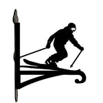 Downhill skier metal hanging basket bracket mounted on outdoor wall for plant decoration