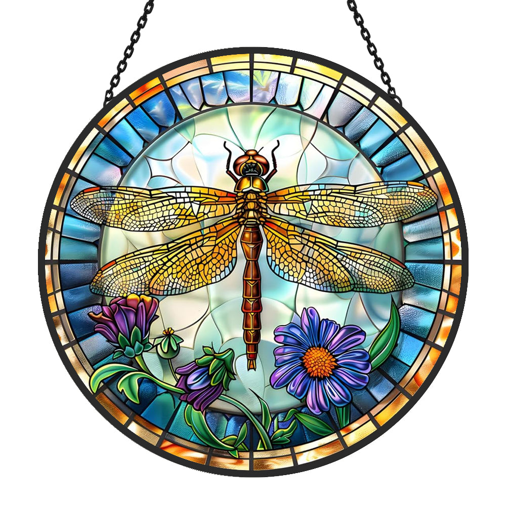 Dragonfly floral stained glass suncatcher window hanging, suitable for home and garden decoration