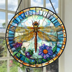 Dragonfly floral stained glass suncatcher window hanging, suitable for home and garden decoration