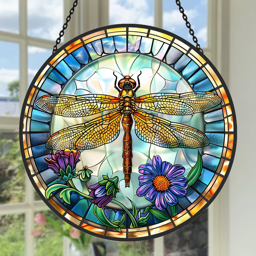 Dragonfly floral stained glass suncatcher window hanging, suitable for home and garden decoration