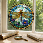 Dragonfly floral stained glass suncatcher window hanging, suitable for home and garden decoration