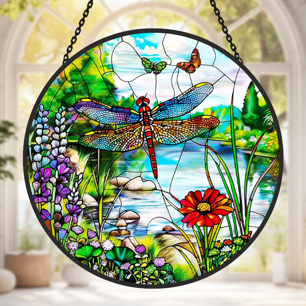 Dragonfly garden stained glass suncatcher window hanging, suitable for home and garden decoration