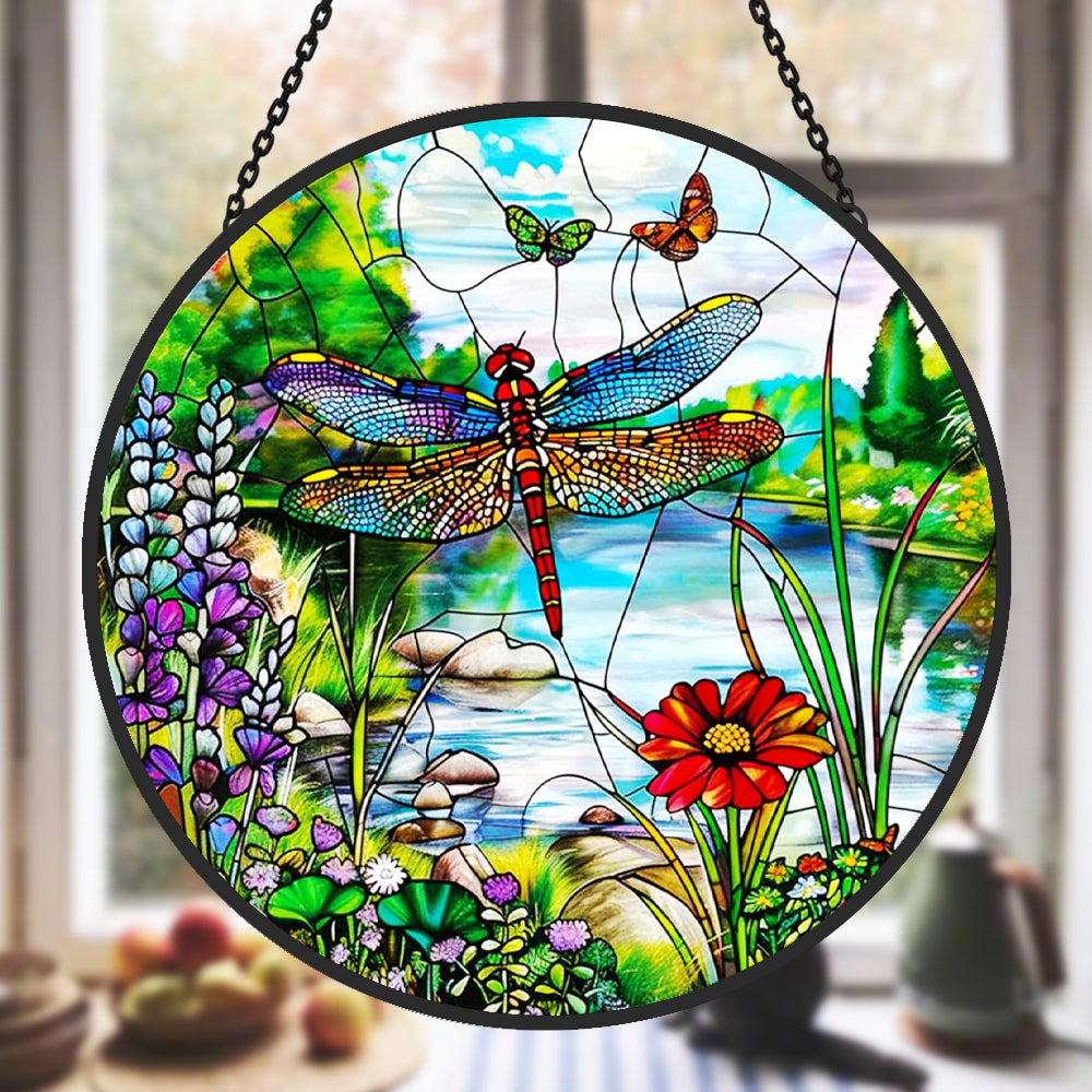 Dragonfly garden stained glass suncatcher window hanging, suitable for home and garden decoration