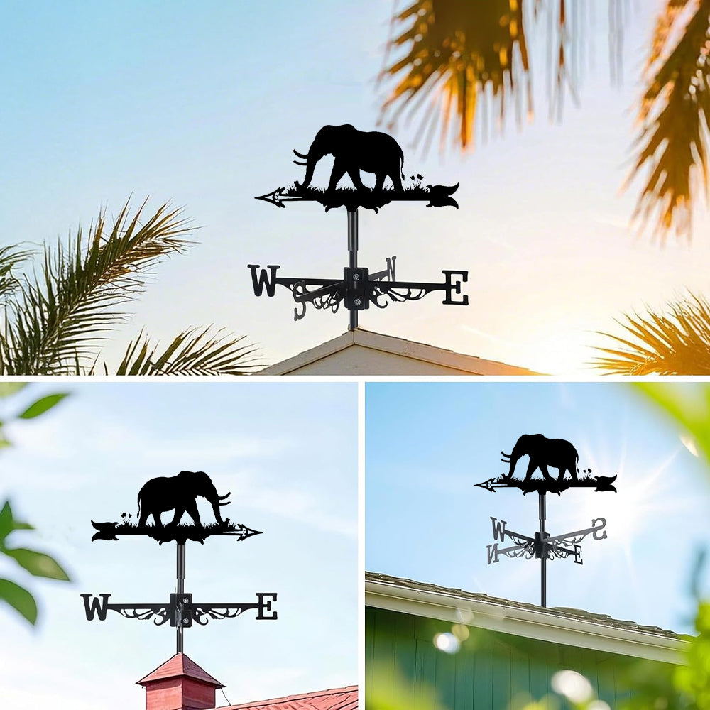 Elephant metal weather vane with directional arrows and mounting rod, outdoor roof and garden decoration