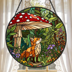 Enchanted forest mushroom fox stained glass suncatcher window hanging, suitable for home and garden decoration