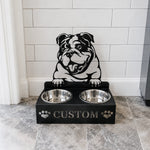 Personalized english bull dog metal dog bowl stand with custom name cutout and two removable feeding bowls