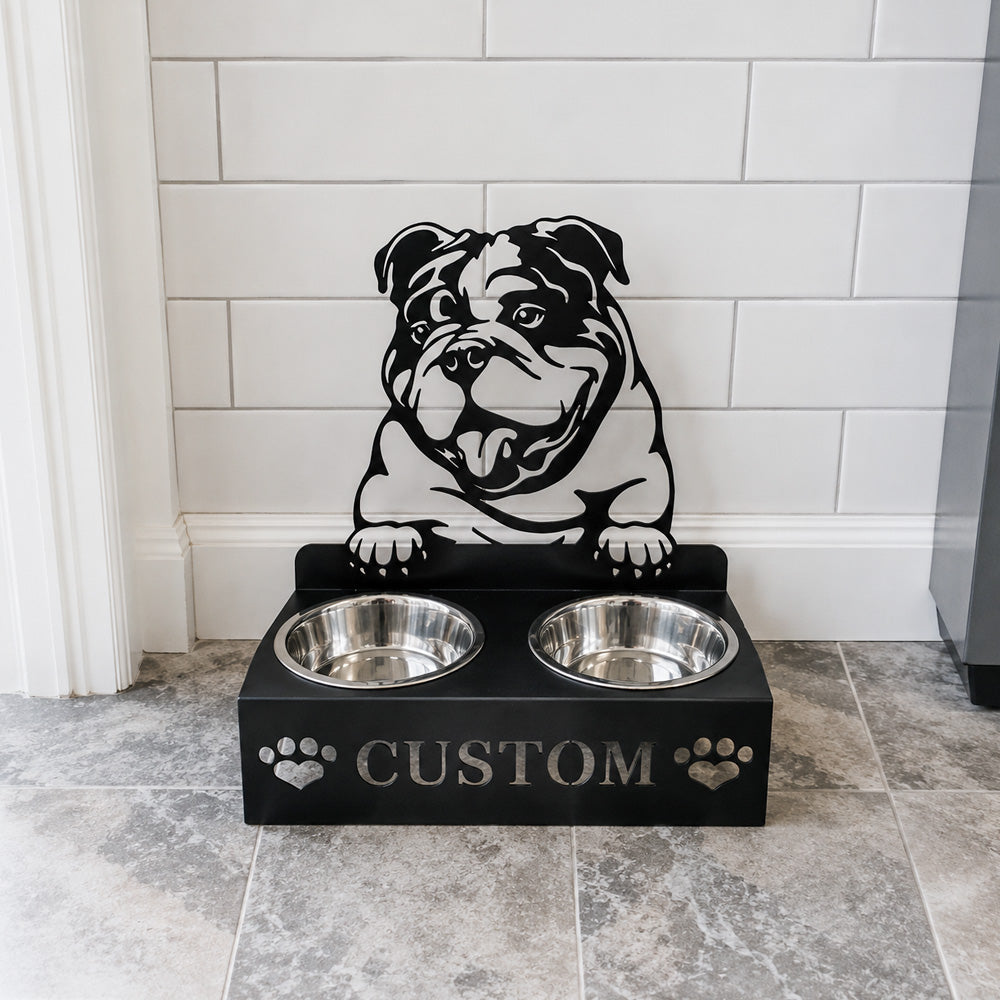 Personalized english bull dog metal dog bowl stand with custom name cutout and two removable feeding bowls