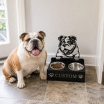 Personalized english bull dog metal dog bowl stand with custom name cutout and two removable feeding bowls