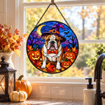 English Bulldog Halloween stained glass suncatcher window hanging, suitable for home and garden decoration