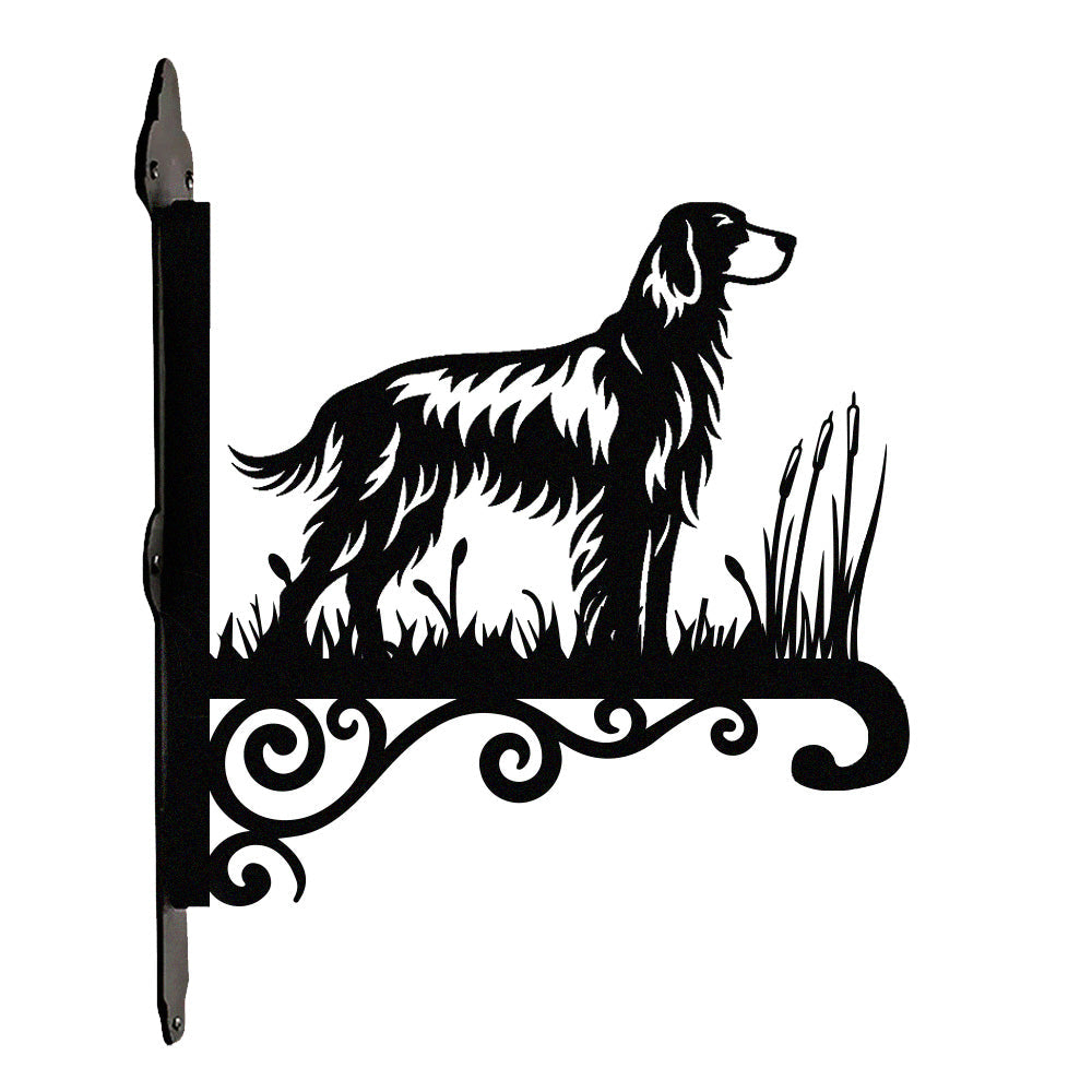 English setter metal hanging basket bracket mounted on outdoor wall for plant decoration