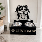 Personalized entlebucher mountain dog metal dog bowl stand with custom name cutout and two removable feeding bowls