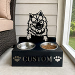 Personalized eurasier dog metal dog bowl stand with custom name cutout and two removable feeding bowls