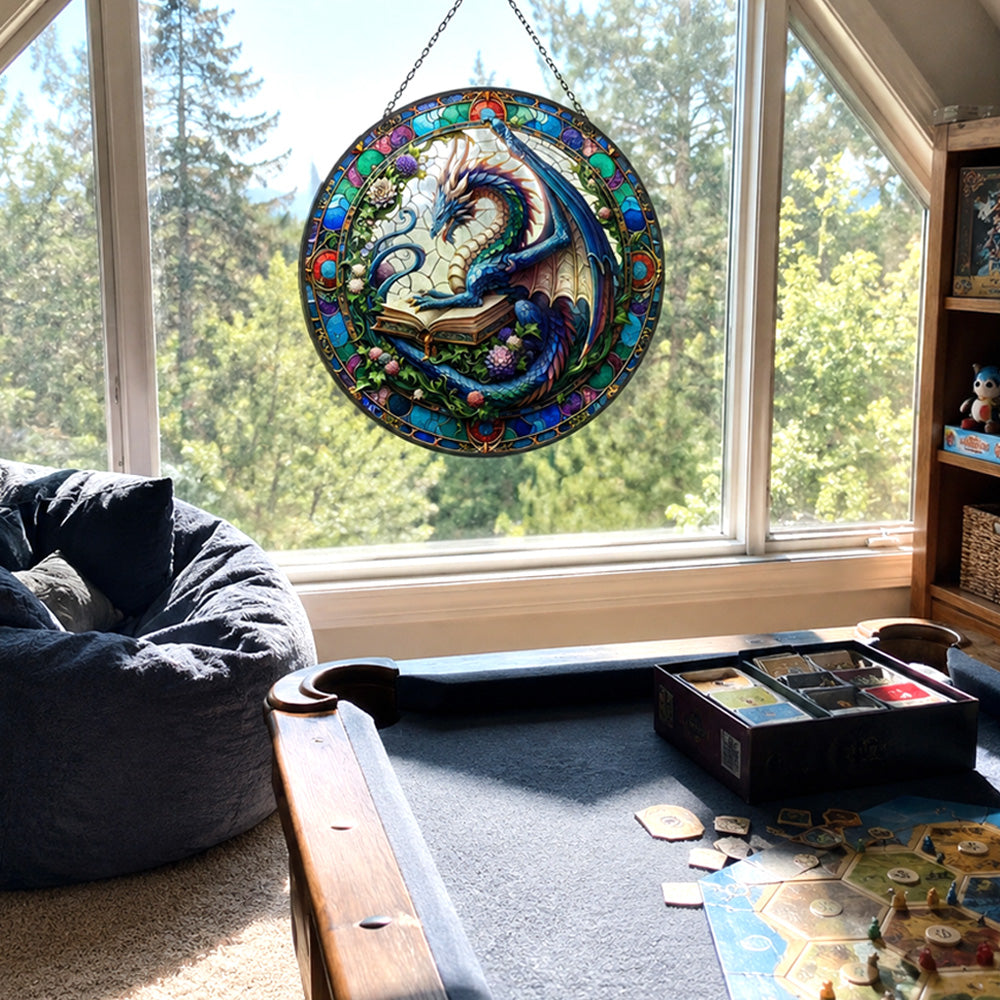 Fantasy dragon book guardian stained glass suncatcher window hanging, suitable for home and garden decoration