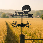 Farm harvest ox cart metal weather vane with directional arrows and mounting rod, outdoor roof and garden decoration