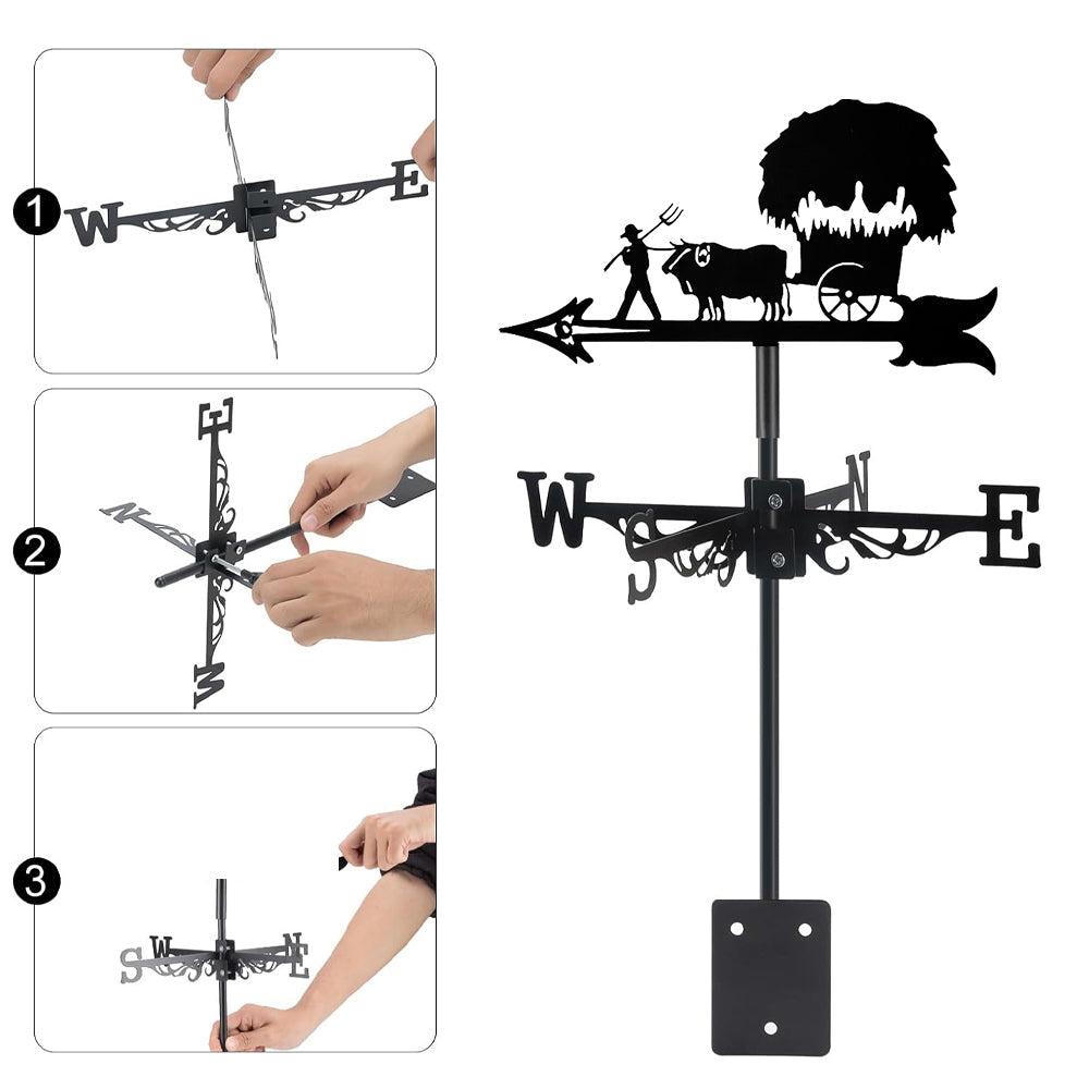 Farm harvest ox cart metal weather vane with directional arrows and mounting rod, outdoor roof and garden decoration
