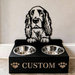 Personalized field spaniel dog metal dog bowl stand with custom name cutout and two removable feeding bowls
