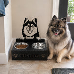 Personalized finnish lapphund dog metal dog bowl stand with custom name cutout and two removable feeding bowls
