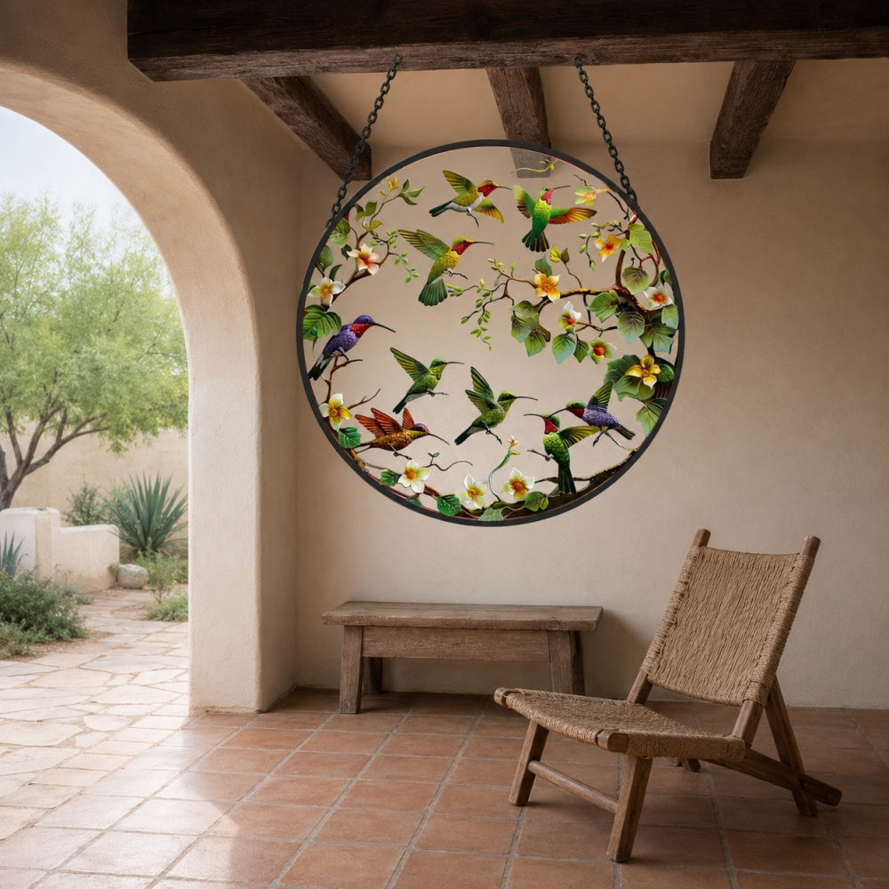 Flock of garden hummingbirds stained glass suncatcher window hanging, suitable for home and garden decoration