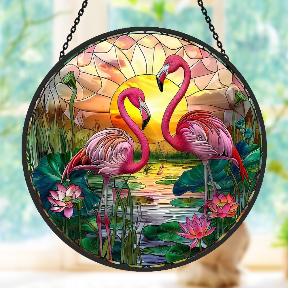 Flamingo couple stained glass suncatcher window hanging, suitable for home and garden decoration