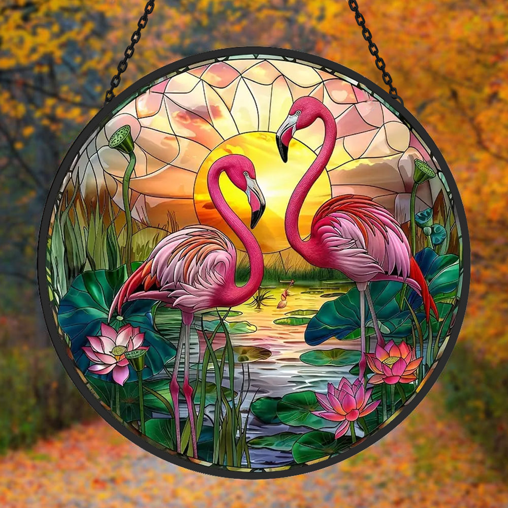 Flamingo couple stained glass suncatcher window hanging, suitable for home and garden decoration