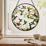 Flock of garden hummingbirds stained glass suncatcher window hanging, suitable for home and garden decoration