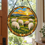 Flock of sheep at sunset stained glass suncatcher window hanging, suitable for home and garden decoration
