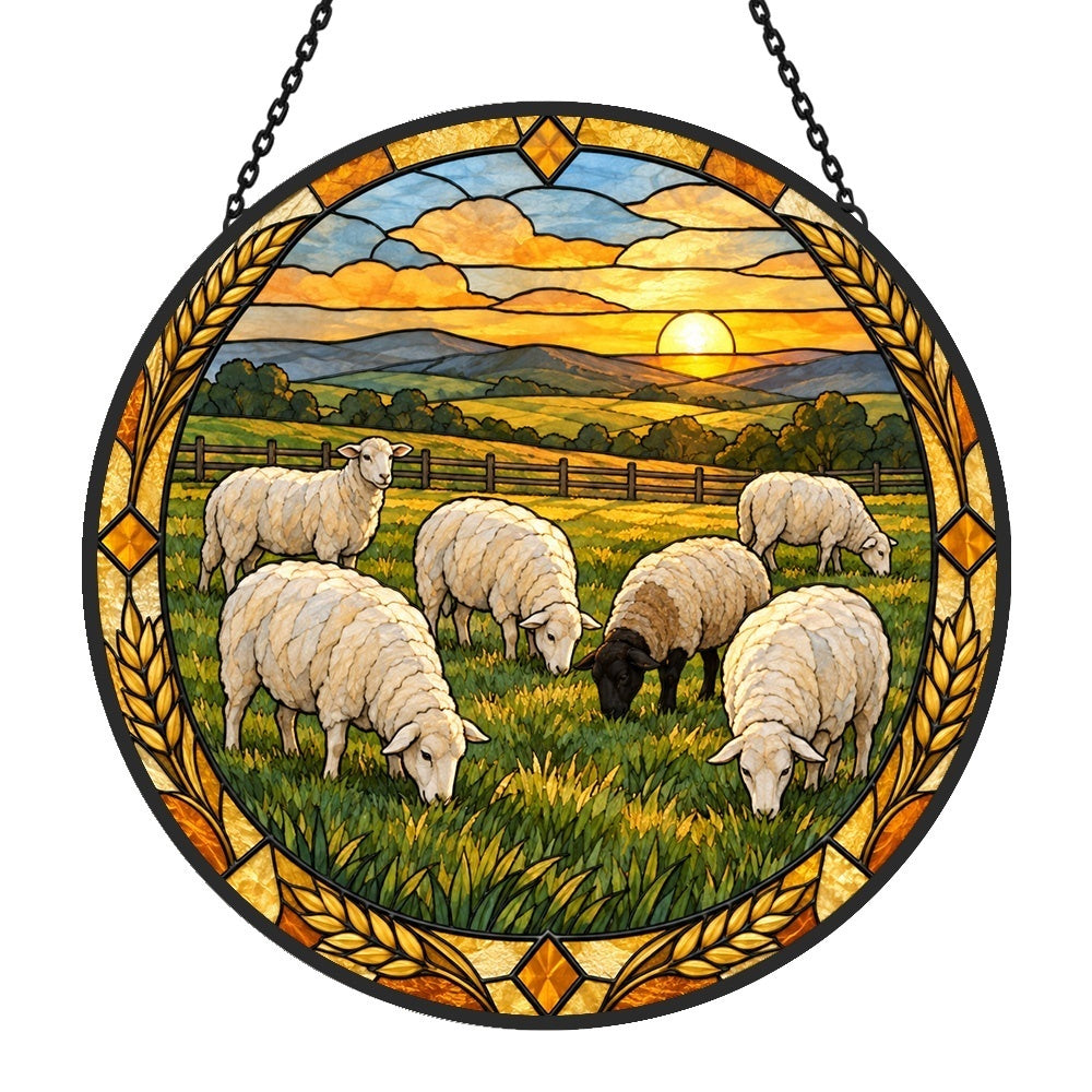 Flock of sheep at sunset stained glass suncatcher window hanging, suitable for home and garden decoration