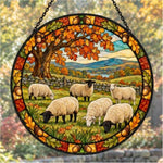 Flock of sheep under autumn oaks stained glass suncatcher window hanging, suitable for home and garden decoration
