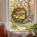 Flock of sheep under autumn oaks stained glass suncatcher window hanging, suitable for home and garden decoration