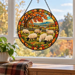 Flock of sheep under autumn oaks stained glass suncatcher window hanging, suitable for home and garden decoration