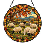 Flock of sheep under autumn oaks stained glass suncatcher window hanging, suitable for home and garden decoration